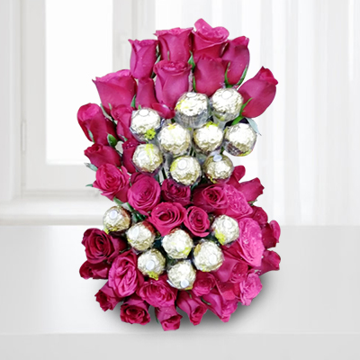 Click here for more on S Letter Shape Red Roses Flower with Ferrero Rocher Basket(Krish)