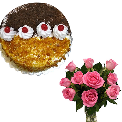 Click here for more on Chocolate Butterscotch Cake -1 Kg (Exotica), 12 Pink roses Bunch