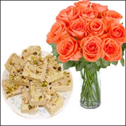 Click here for more on Sugar free Soan papdi + 12 orange roses