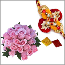 Designer Rakhi (single Rakhi) + Pink Roses Bunch