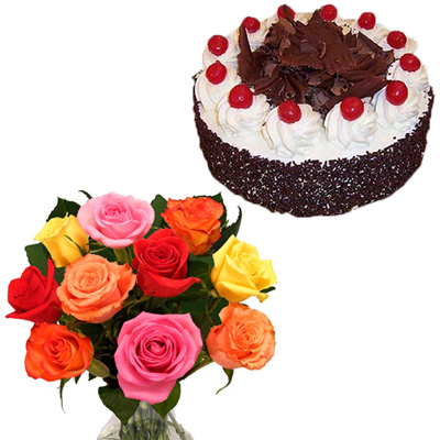 Click here for more on Chocolate cake - Half kg, 12 Mixed Roses flower bunch