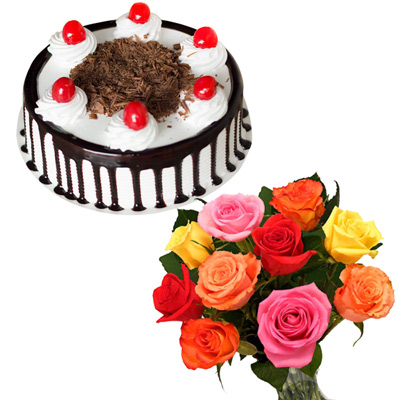 Click here for more on Round shape chocolate cake - 1kg + 12 mixed roses flower bunch