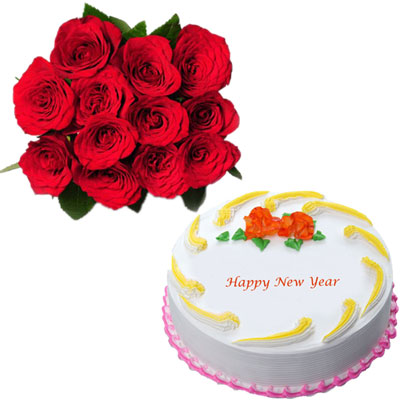 Click here for more on Round shape vanilla cake - half kg + 12 red roses flower bunch