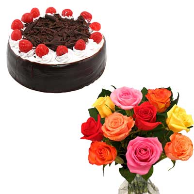 Click here for more on Round shape black forest cake - half kg + 12 mixed roses flower bunch