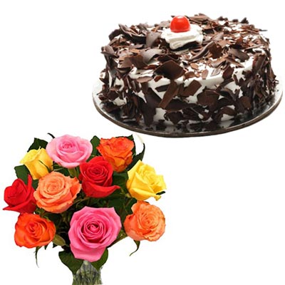 Click here for more on Delicious round shape Chocolate cake - half kg, 12 Mixed roses