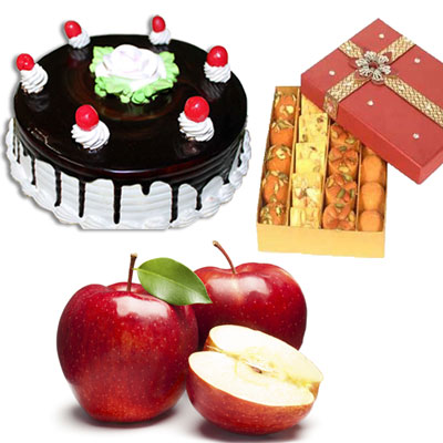 Click here for more on 6 Fresh Apples, 500gms Assorted Sweets, Chocolate cake -1kg