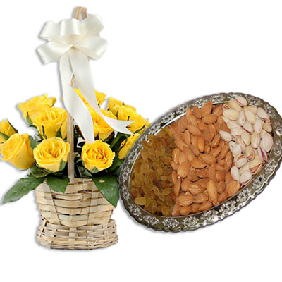 Click here for more on Badam 100gms, Pista 100 gms, Kismis 100 gms, 15 Yellow Roses Basket