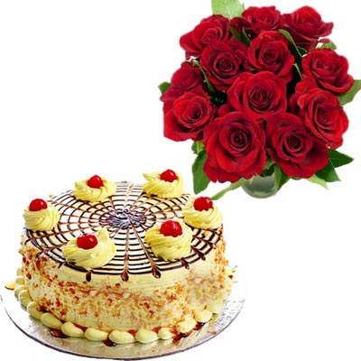 Click here for more on Delicious round shape butterscotch cake - half kg, 12 Red roses