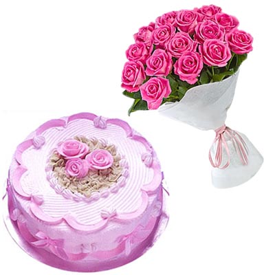 Click here for more on Delicious round shape Strawberry cake - half kg, 12 Pink roses