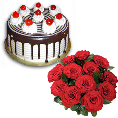 Click here for more on Chocolate cake half kg , 12 Red Roses Flower bunch