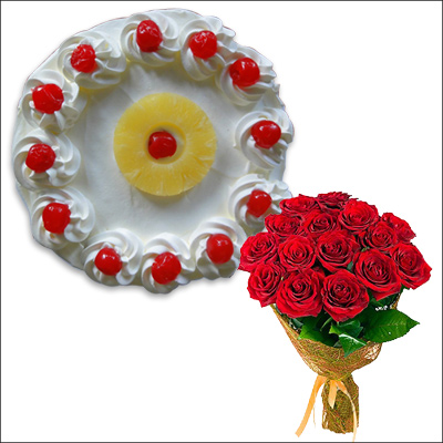 Click here for more on Pineapple cake half kg , 12 Red Roses Flower bunch